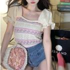 Short-sleeve Knit Panel Crop Top Pink & White - One Size
