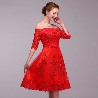 Sequined Off Shoulder Elbow Sleeve Bridesmaid Dress