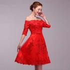 Sequined Off Shoulder Elbow Sleeve Bridesmaid Dress