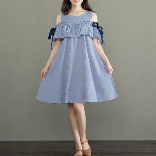 Cutout Shoulder Striped Ruffle A-line Dress