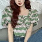 Puff-sleeve Printed Blouse Pink & Green - One Size