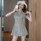 Short-sleeve Double-breasted Plaid Mini A-line Blazer Dress