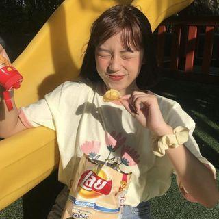 Short-sleeve Flower Print T-shirt Almond - One Size