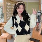 Mock Two-piece Argyle Knit Panel Blouse