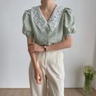 Short-sleeve Crochet Collar Plaid Blouse
