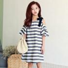 Family Matching Cutout Shoulder Striped Elbow-sleeve Dress