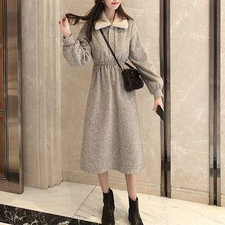 Furry Collar Balloon-sleeve Patterned Midi Coat Dress