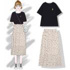 Crew-neck Short-sleeve T-shirt / Floral Midi A-line Skirt