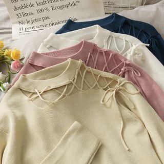Lace Up-shoulder Mock-neck Knit Top