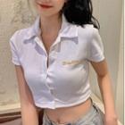 Short-sleeve Collar Lettering Button-up Crop Top