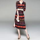 Patterned 3/4-sleeve A-line Midi Dress