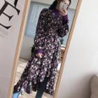 Long-sleeve Floral Print Midi Dress Floral - Purple - One Size