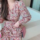 Long-sleeve Floral Print Mini Sheath Chiffon Dress Floral - Pink & White - One Size