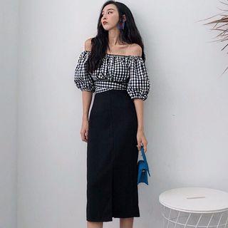 Checked Off-shoulder Elbow-sleeve Top / High Waist Midi Straight-fit Skirt