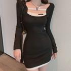 Long-sleeve Cutout Contrast Trim Mini Bodycon Dress Black - One Size