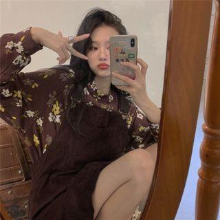 Flower Print Loose-fit Sweatshirt / Corduroy Jumper Dress