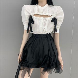 Color-block Cutout Blouse / Plain High Waist Bow Shorts