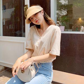 Crochet-trim Drawstring Cropped Linen Blouse Beige - One Size