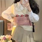 Striped Floral Print Sweater Vest / Peter Pan Collar Blouse