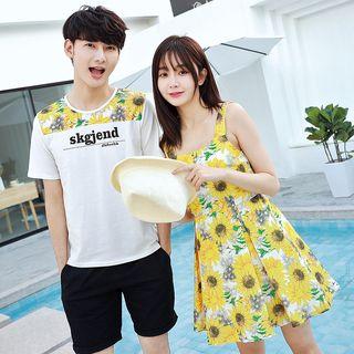 Couple Matching Wide-strap Flower Print Sundress / Short-sleeve T-shirt