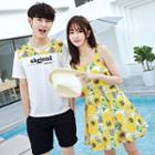 Couple Matching Wide-strap Flower Print Sundress / Short-sleeve T-shirt