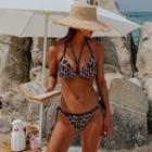 Set: Halter-neck Leopard Print Bikini Top + Bottom