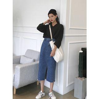 Slit Fray-hem Denim Long Skirt