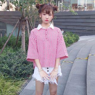 Plaid Elbow-sleeve Polo Shirt Red - One Size