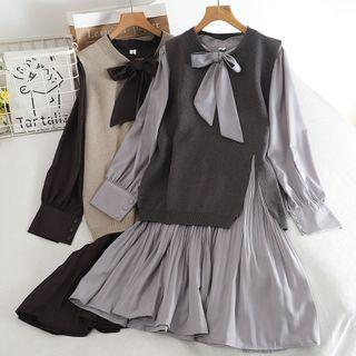 Set: Long-sleeve Tie-neck Shift Dress + Side-slit Sweater Vest