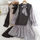 Set: Long-sleeve Tie-neck Shift Dress + Side-slit Sweater Vest