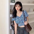 Floral Puff-sleeve Shirred Cropped Blouse Blue - One Size