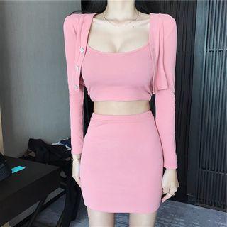 Set: V-neck Cropped Cardigan + Cropped Camisole Top + Mini Pencil Skirt
