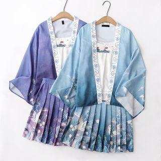 Dragon Print Pleated Mini A-line Skirt / Camisole Top / Open-front Jacket / Set