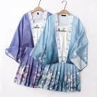 Dragon Print Pleated Mini A-line Skirt / Camisole Top / Open-front Jacket / Set