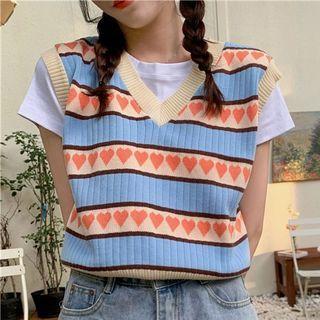 Heart Pattern Sweater Vest Blue & Almond - One Size