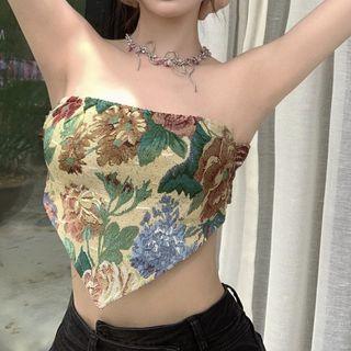 Asymmetrical Floral Tube Top Flowers - Yellow - One Size