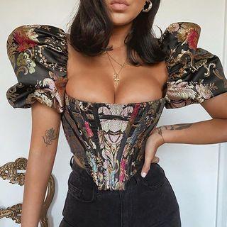 Puff-sleeve Print Crop Top