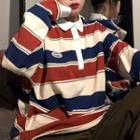 Polo-neck Color Block Striped Sweatshirt