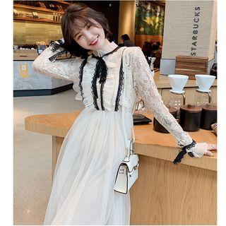 Set: Long-sleeve Mesh Panel Midi Lace Dress + Knit Slipdress