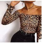 Leopard Print Off-shoulder Long-sleeve Crop Top