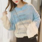 Long-sleeve Two-tone Open-knit Top