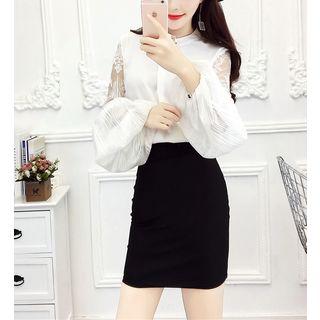 Set: Mesh Panel Balloon-sleeve Blouse + Fitted Skirt