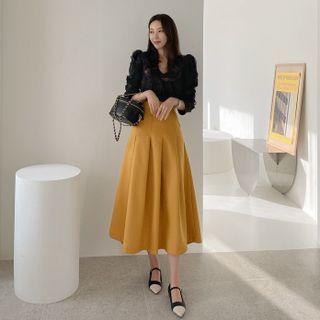 Zip-side Woolen Flared Long Skirt