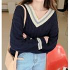 Long-sleeve Contrast Trim Cable Knit Sweater Navy Blue - One Size