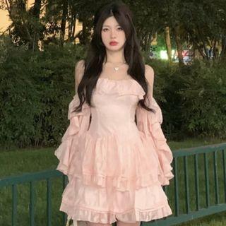 Off-shoulder Flared-cuff Ruffle Trim Mini A-line Dress Dress - Pink - One Size
