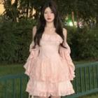 Off-shoulder Flared-cuff Ruffle Trim Mini A-line Dress Dress - Pink - One Size