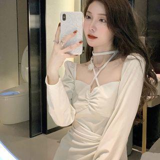 Long-sleeve Twist-front Mini Sheath Dress