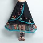 Flower Embroidered Lace Trim Midi A-line Skirt Black - One Size