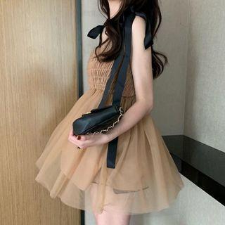 Sleeveless Lace-up Panel Mesh Dress