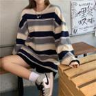 Long-sleeve Loose Fit Striped Sweatshirt / Plain Shorts